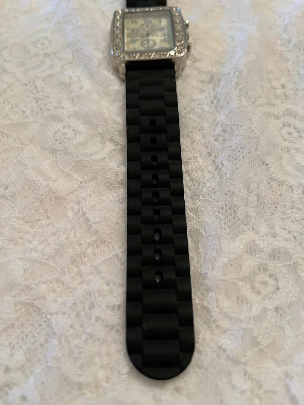 Collezio Women's Silver Crystal-Trim Watch with Black Strap